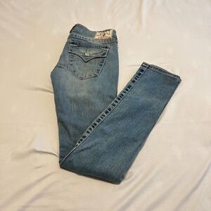 True Religion Crystal Button Skinny Orange Thread Distressed Jeans Size 25